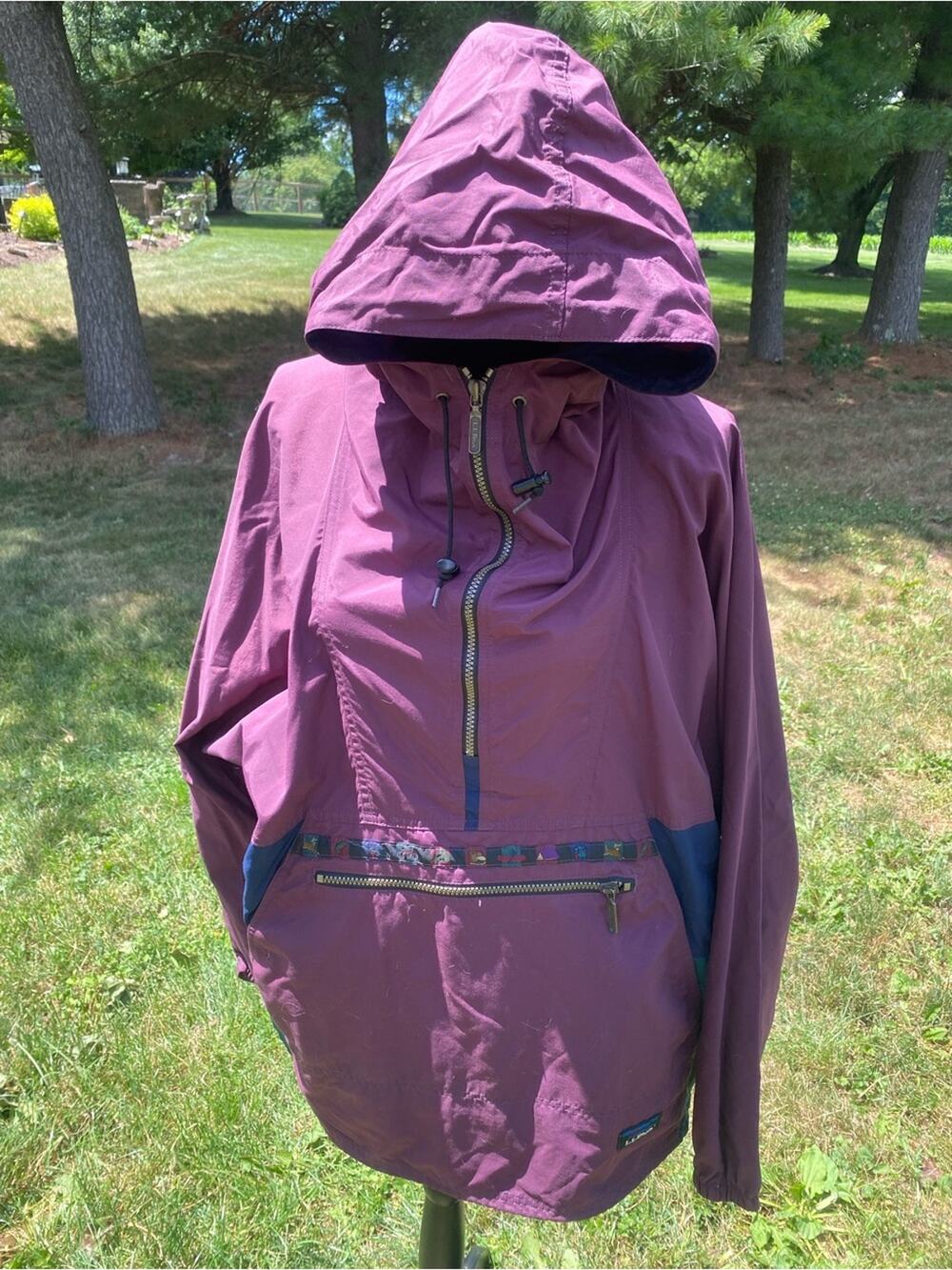 L.L. Bean Plum Hooded Utility Anorak with Navy Trim Vintage Unisex Windbreaker